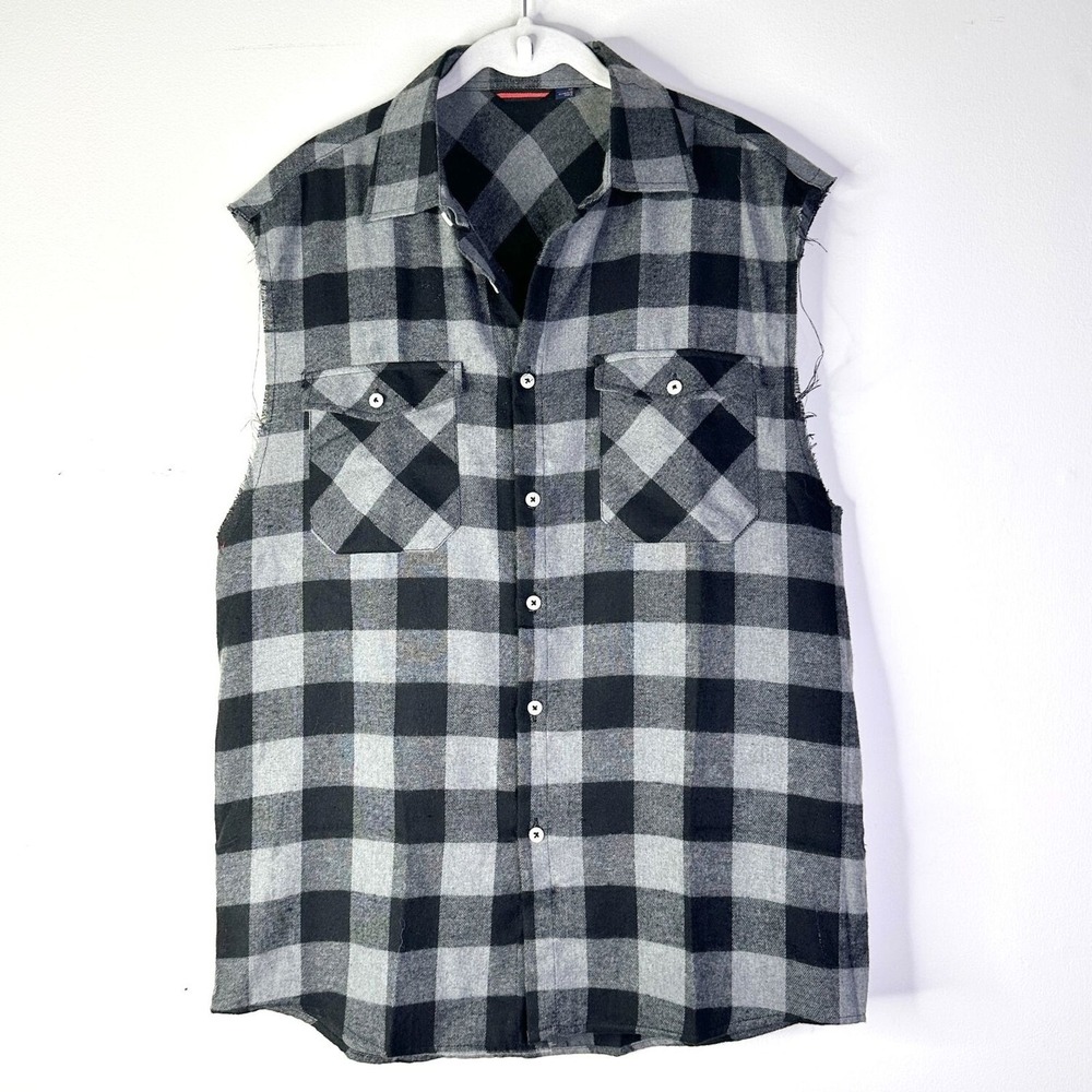 Design In Italy Shirt Men M Black Gray Button Up Check Flannel Sleeveless NWOT